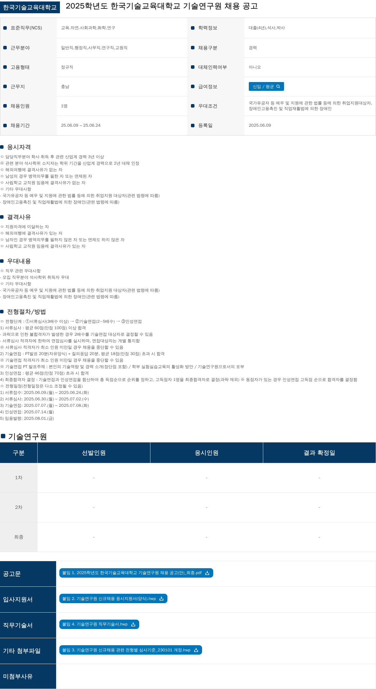한국기술교육대학교 2025학년도 한국기술교육대학교 기술연구원 채용 공고 채용공고