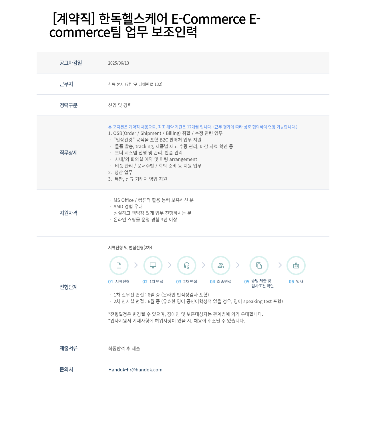 한독 헬스 케어 E-Commerce 업무 보조 인력(계약직) 채용 채용공고