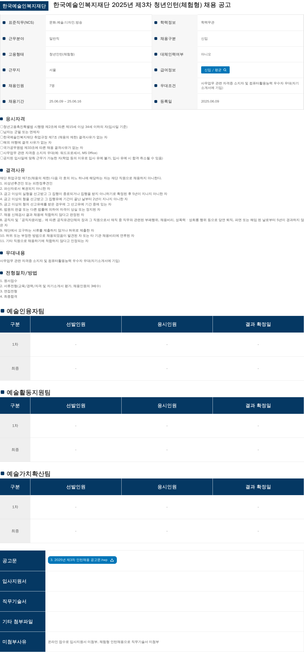 한국예술인복지재단 2025년 제3차 청년 인턴(체험형) 채용 공고 채용공고