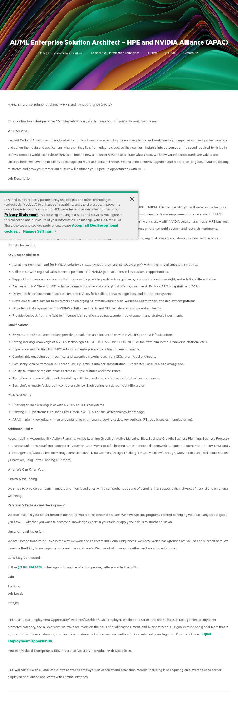 HP AI / ML Enterprise Solution Architect - HPE and NVIDIA Alliance (APAC) 채용공고