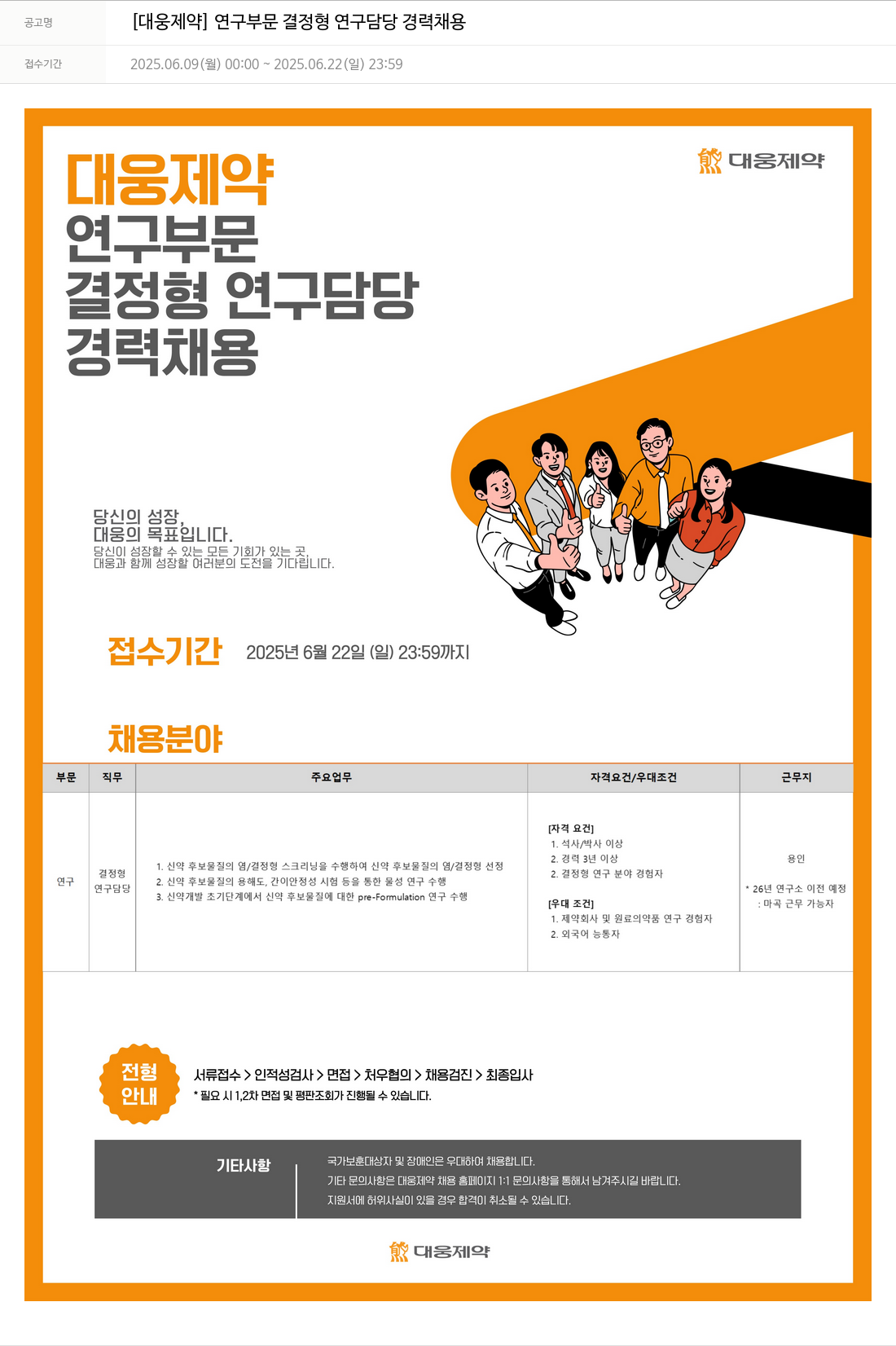대웅제약 [대웅제약] 연구 부문 결정형 연구 담당 경력 채용 채용공고