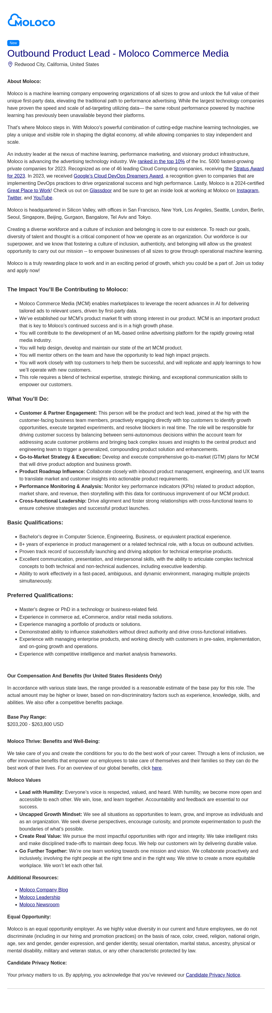 몰로코 Outbound Product Lead - Moloco Commerce Media 채용공고