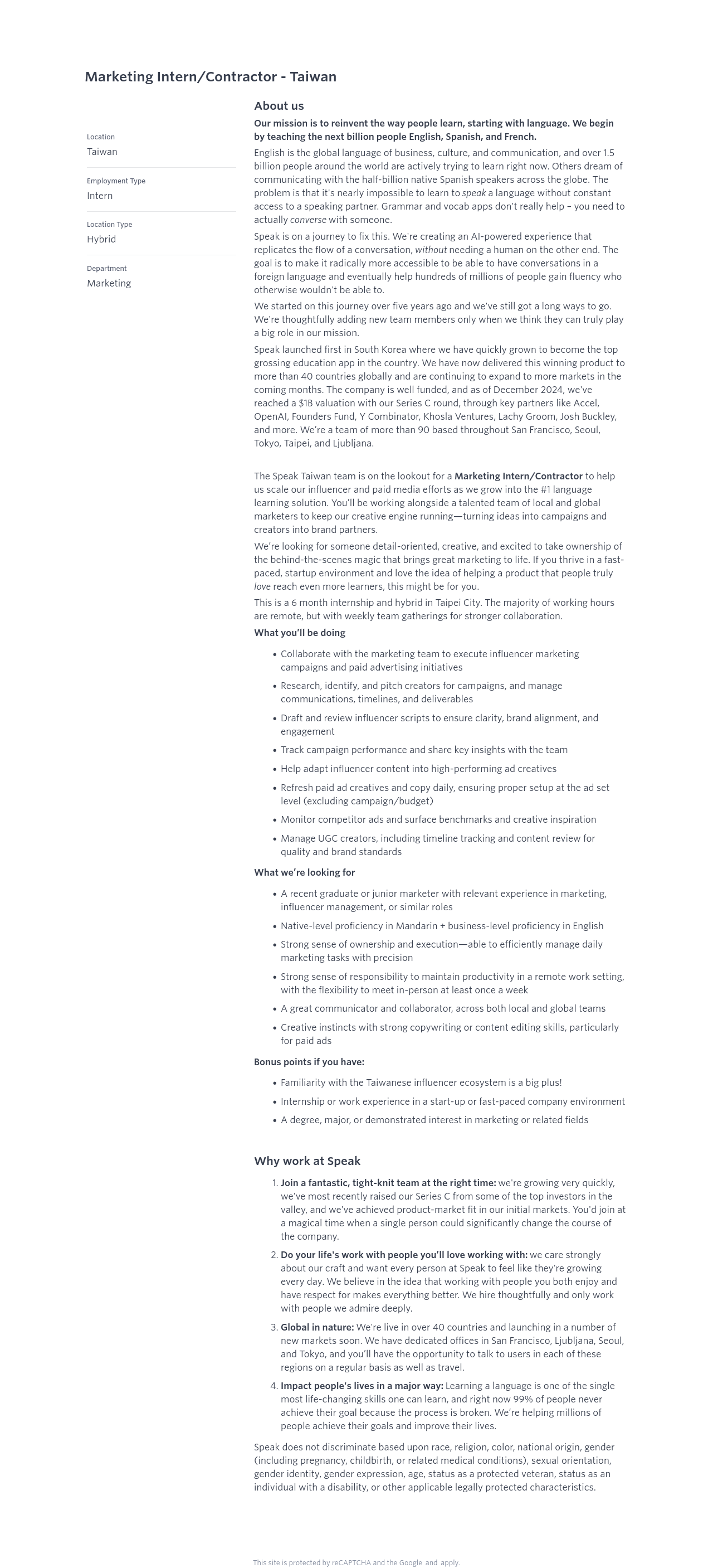 스픽 Marketing Intern / Contractor - Taiwan 채용공고