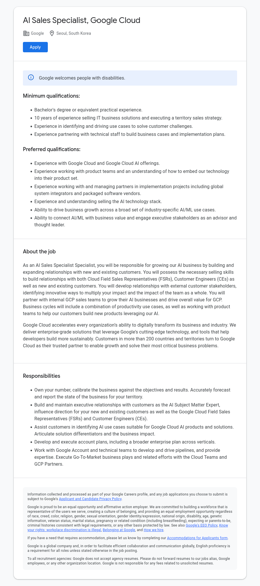 구글(Google) AI Sales Specialist, Google Cloud 채용공고