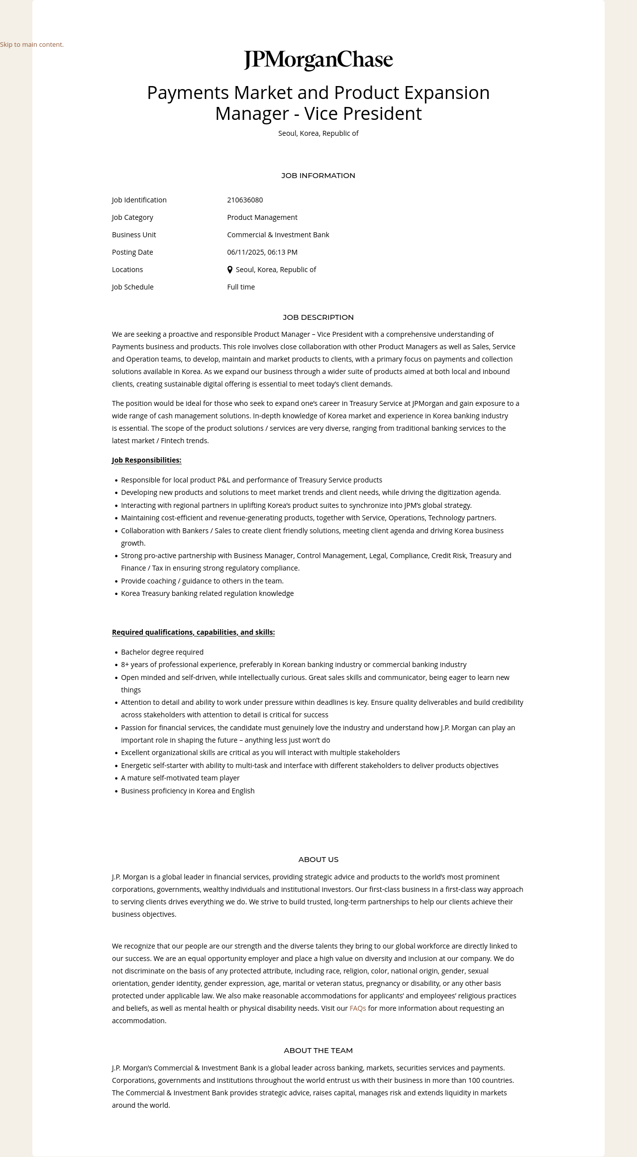 JPMorganChase Payments Market and Product Expansion Manager - Vice President 채용공고