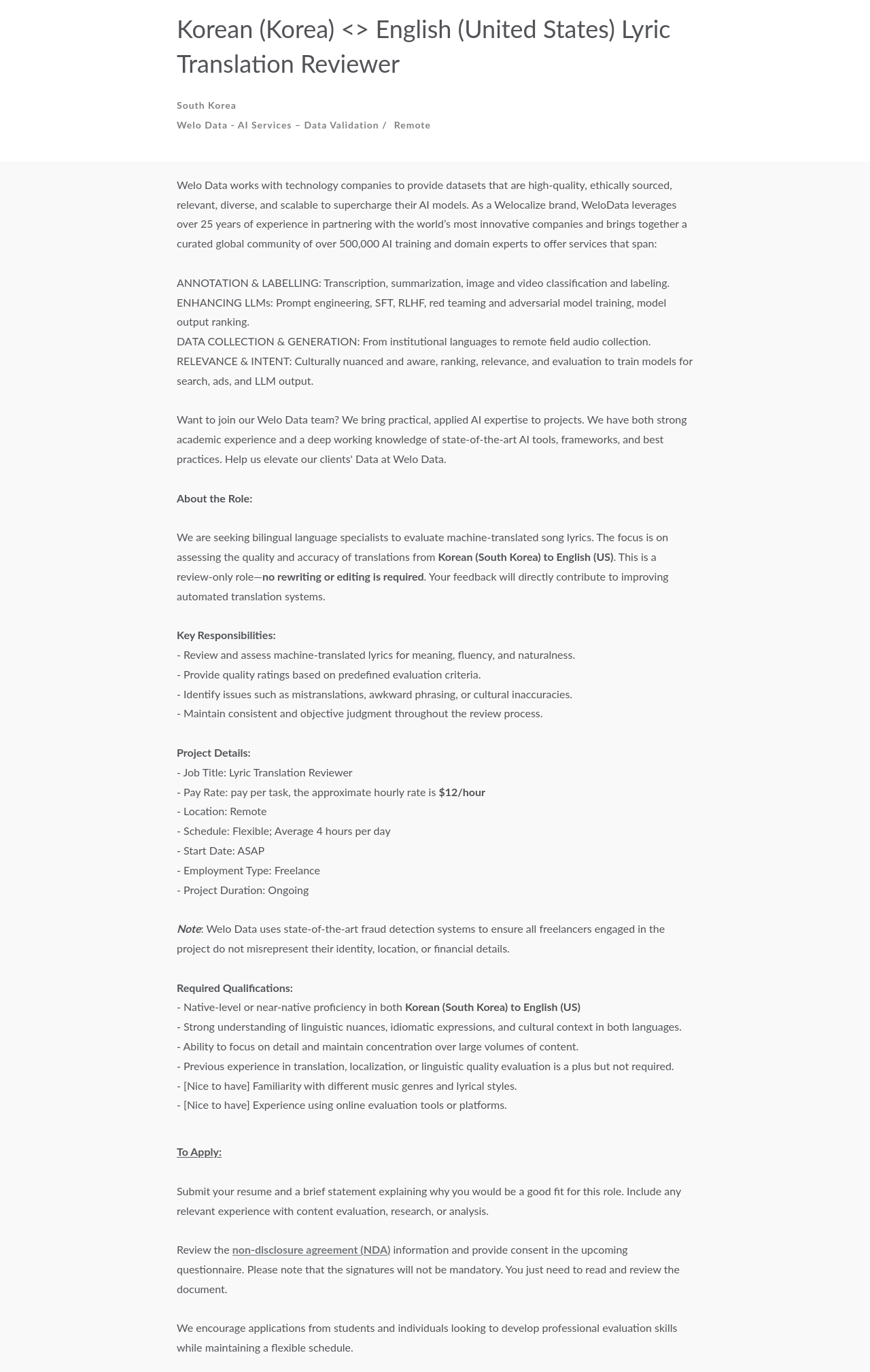 Welocalize Korean (Korea) < > English (United States) Lyric Translation Reviewer 채용공고