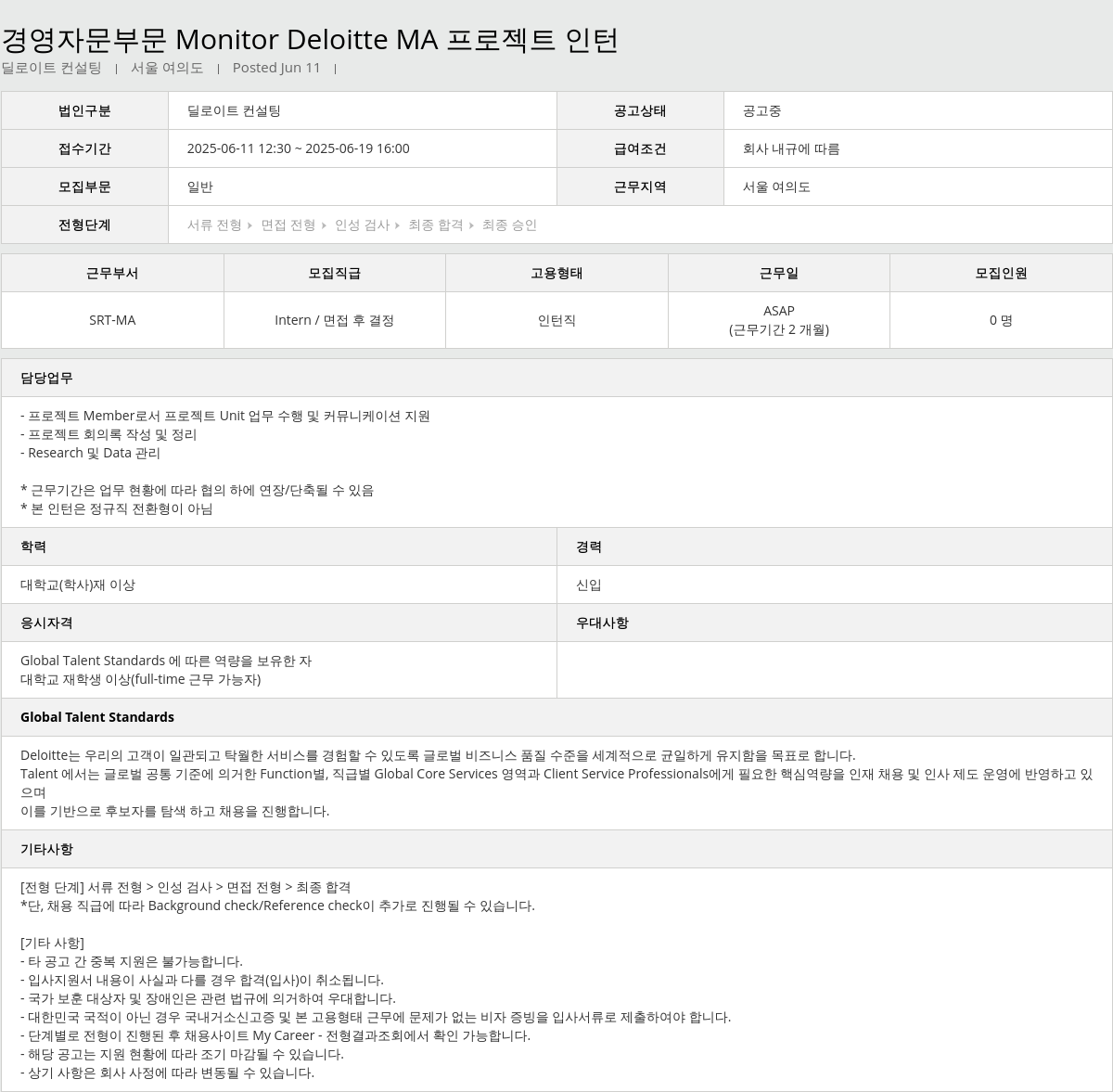 딜로이트안진 경영 자문 부문 Monitor Deloitte MA 프로젝트 인턴 채용공고