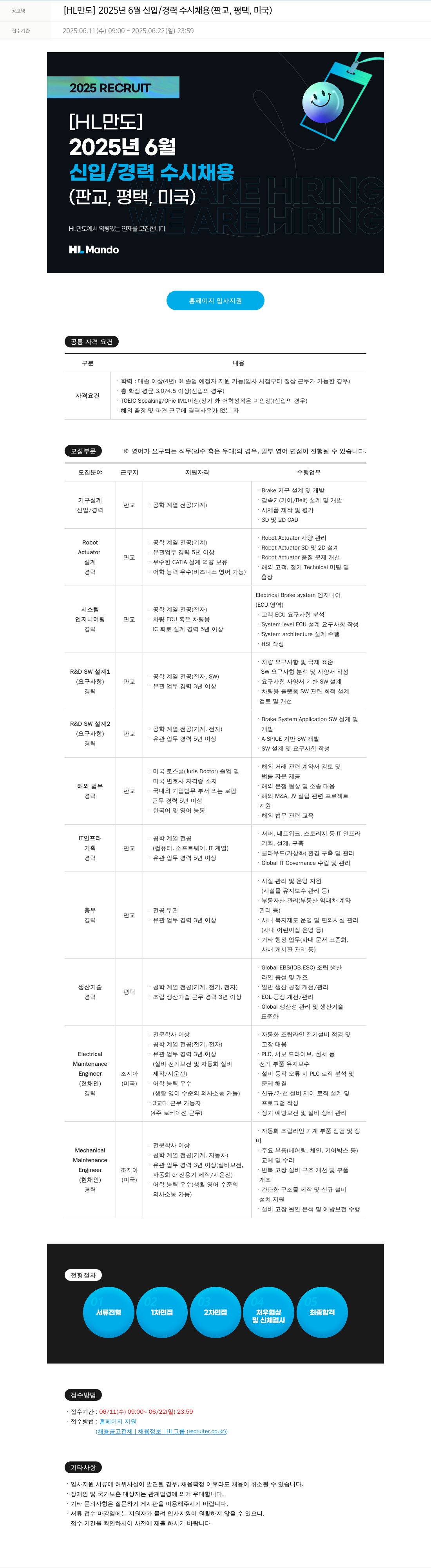 HL만도 2025년 6월 신입/경력 수시 채용 (판교, 평택, 미국) 채용공고