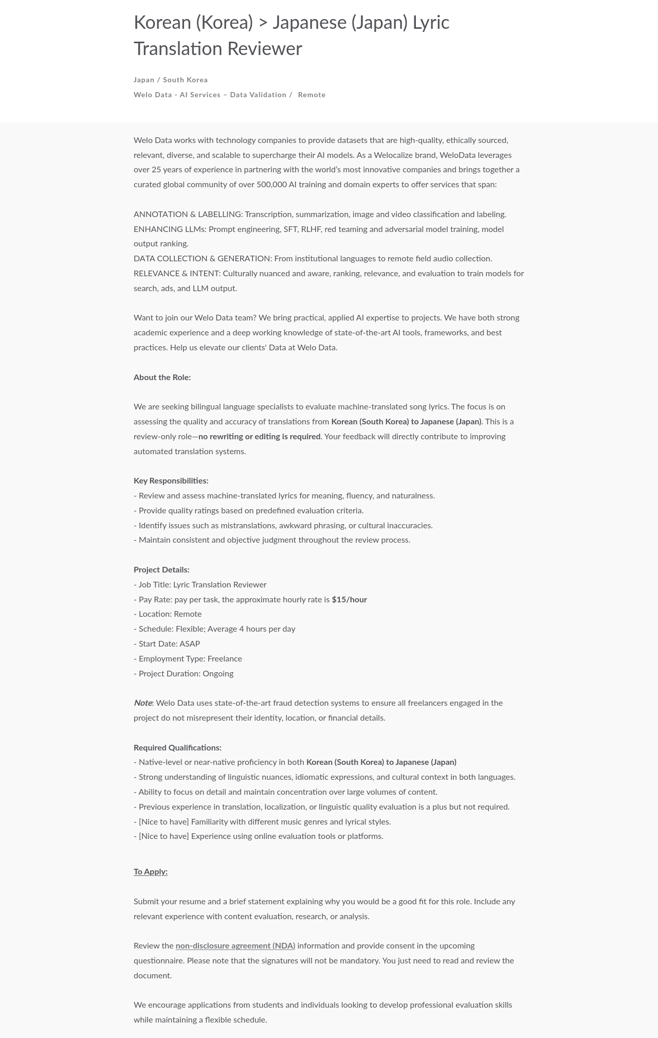 Welocalize Korean (Korea) > Japanese (Japan) Lyric Translation Reviewer 채용공고