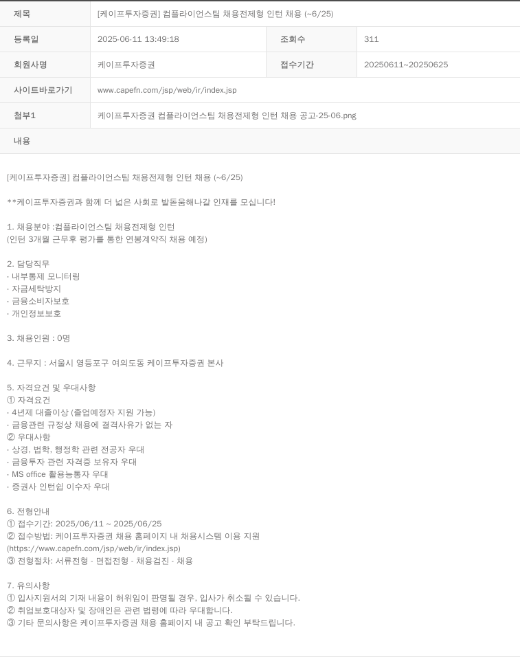 케이프투자증권 [케이프 투자 증권] 컴플라이언스 팀 채용 전제형 인턴 채용 (~6/25) 채용공고