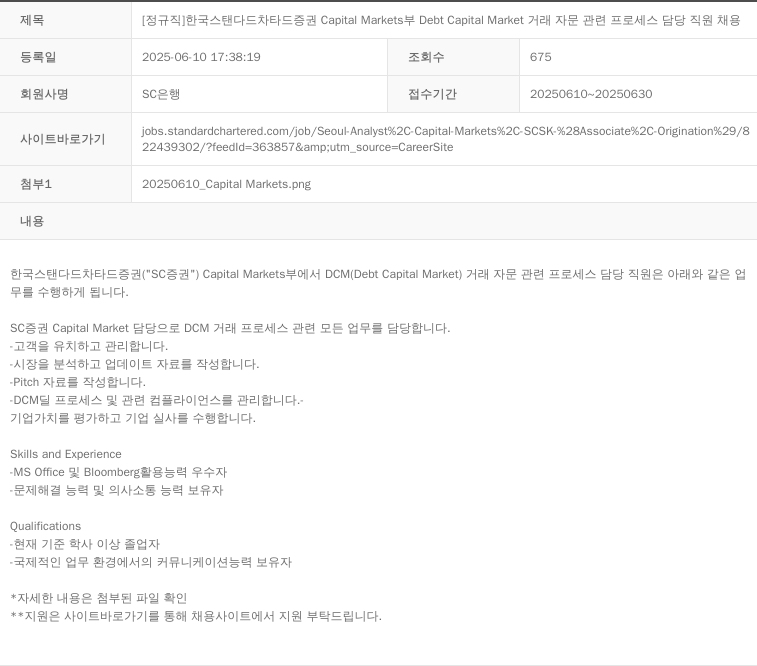 SC은행 [정규직] 한국 스탠다드 차타드 증권 Capital Markets Debt Capital Market 거래 자문 관련 프로세스 담당 직원 채용 채용공고