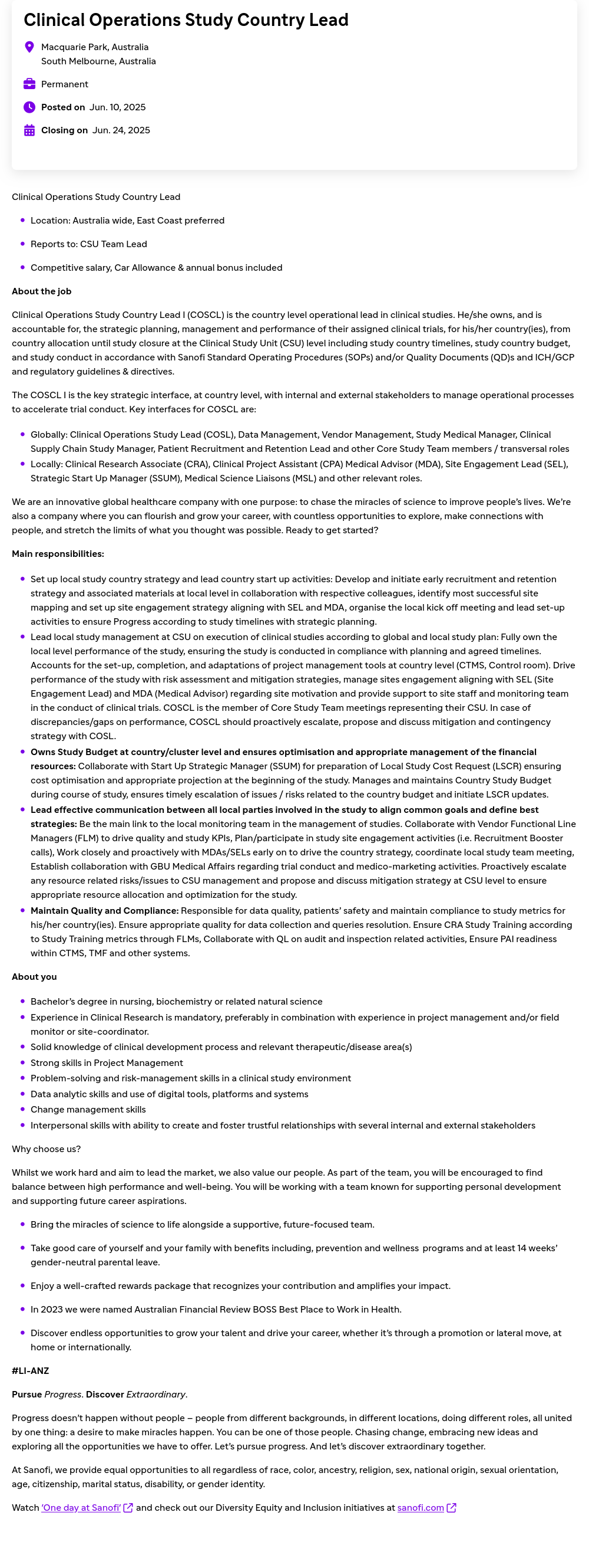 사노피 Clinical Operations Study Country Lead 채용공고