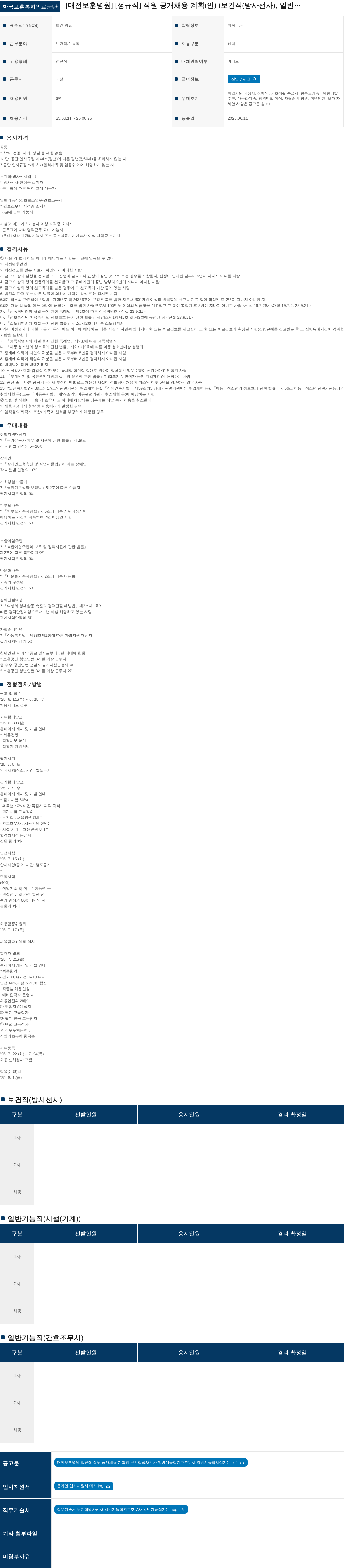 한국보훈복지의료공단 대전보훈병원 정규직 직원 공개 채용 계획(보건직(방사선사), 일반기능직(간호조무사, 시설(기계))) 채용공고