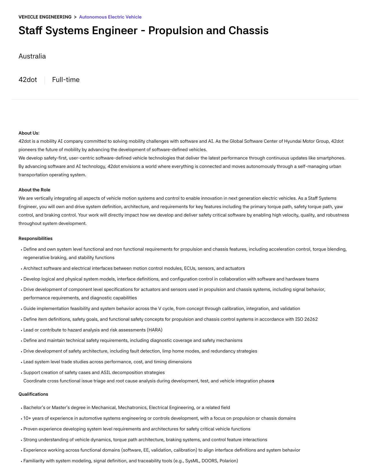 42dot Staff Systems Engineer - Propulsion and Chassis 채용공고