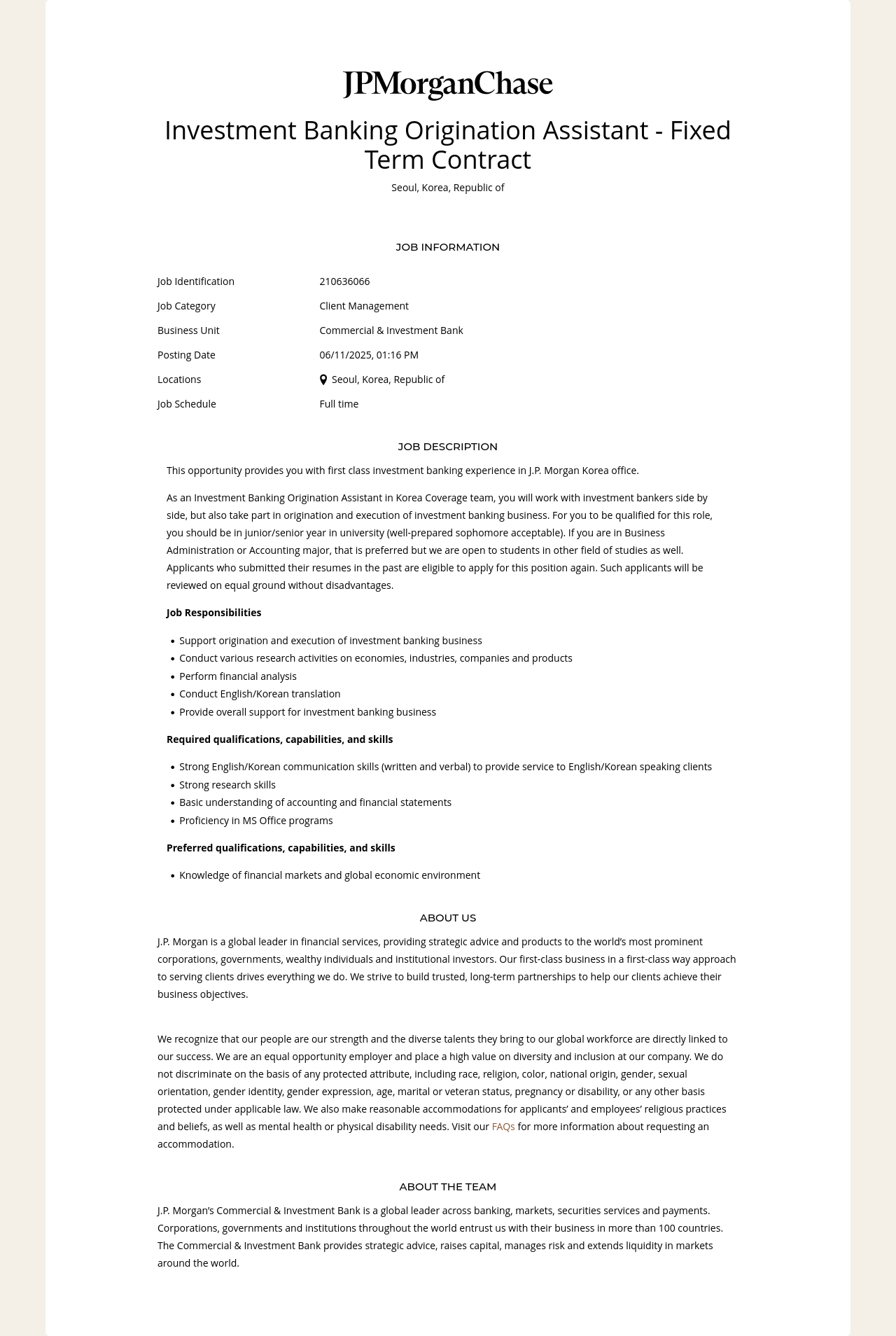 JPMorganChase Investment Banking Origination Assistant - Fixed Term Contract 채용공고