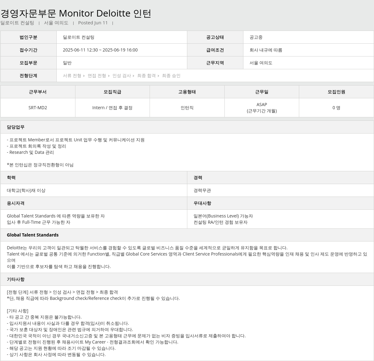 딜로이트안진 경영 자문 부문 Monitor Deloitte 인턴 채용공고