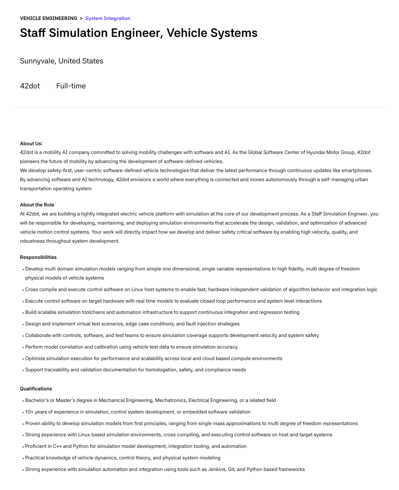 42dot Staff Simulation Engineer, Vehicle Systems 채용공고