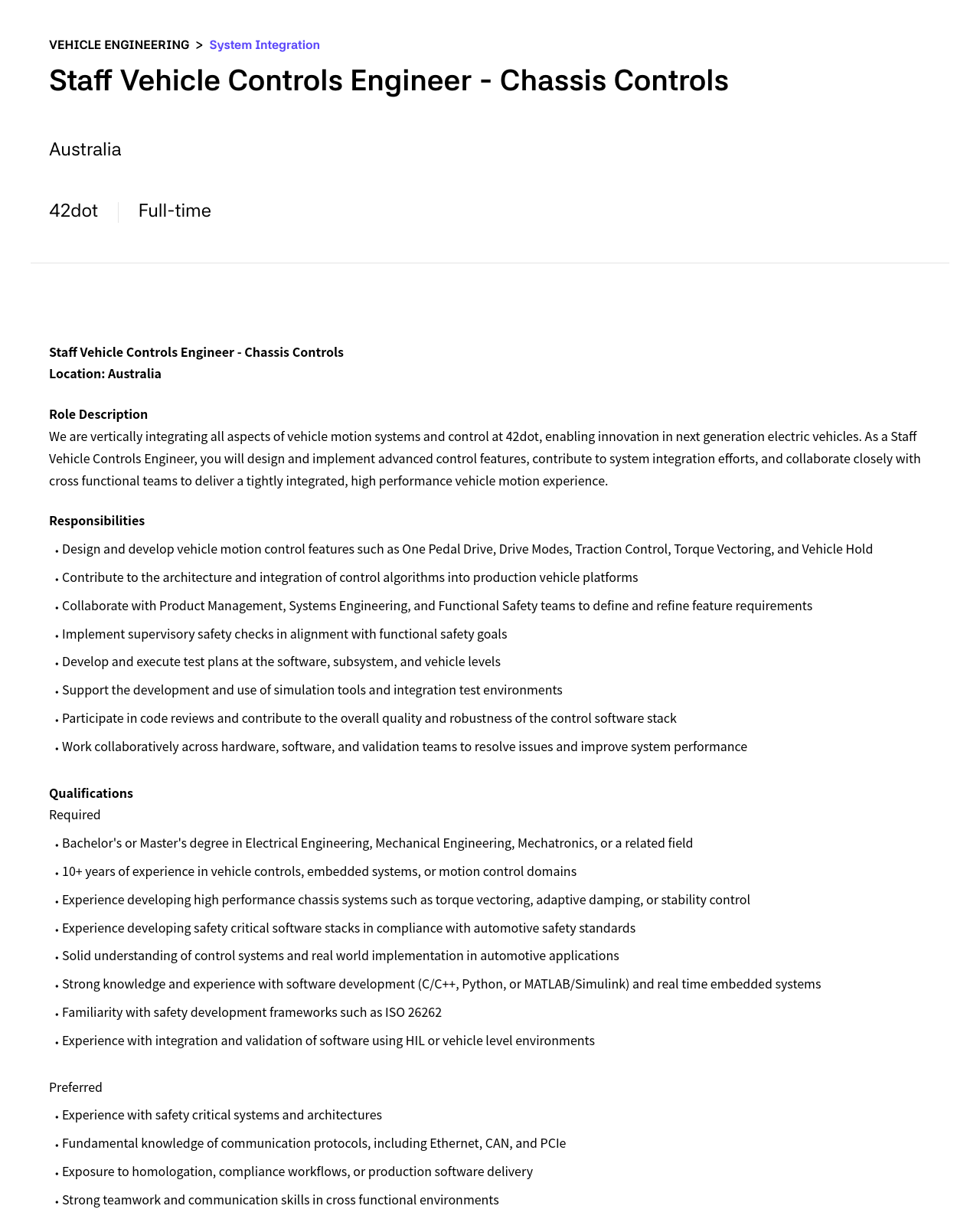 42dot Staff Vehicle Controls Engineer - Chassis Controls 채용공고