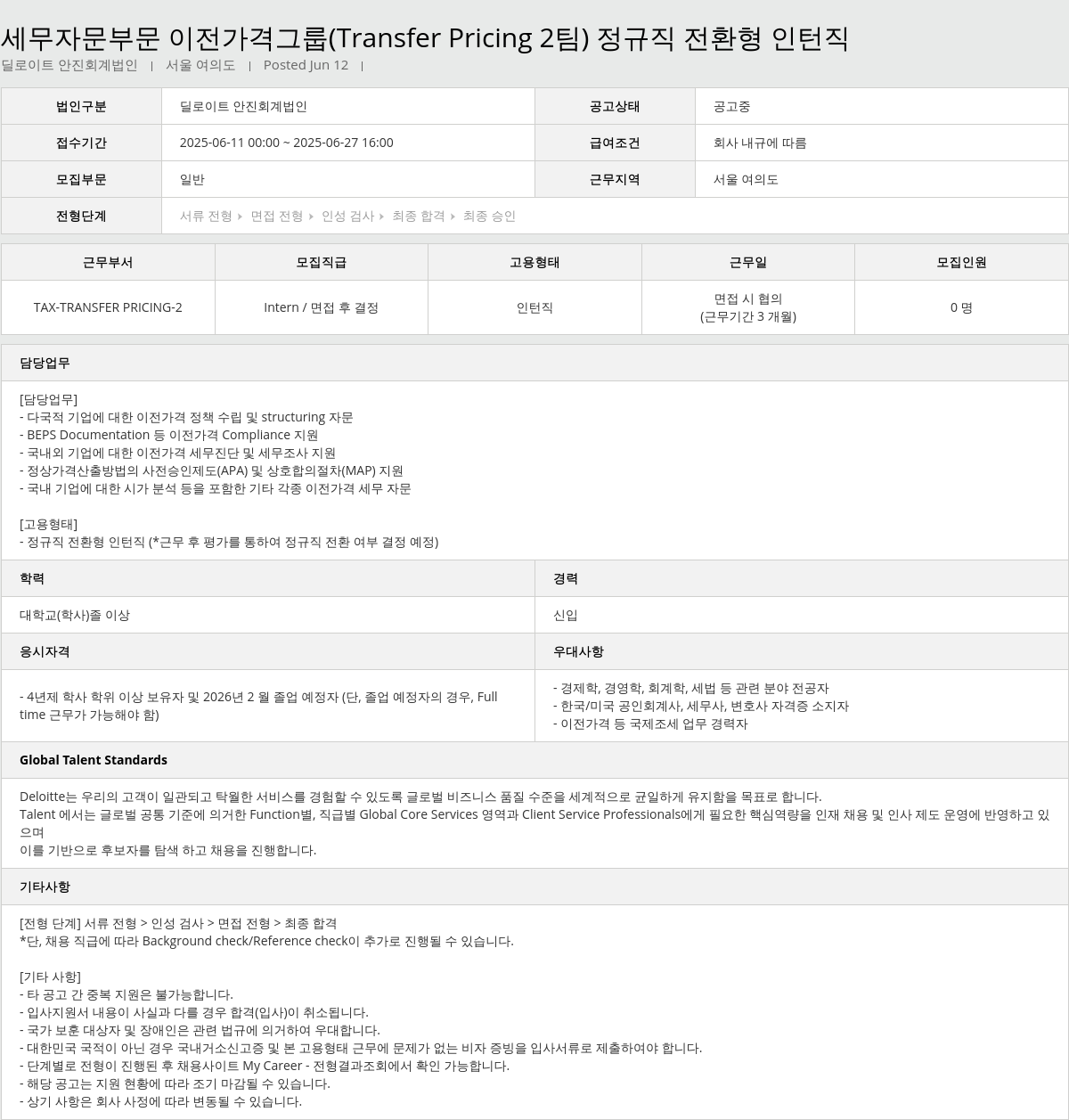 딜로이트안진 세무 자문 부문 이전 가격 그룹 (Transfer Pricing 2팀) 정규직 전환형 인턴직 채용공고