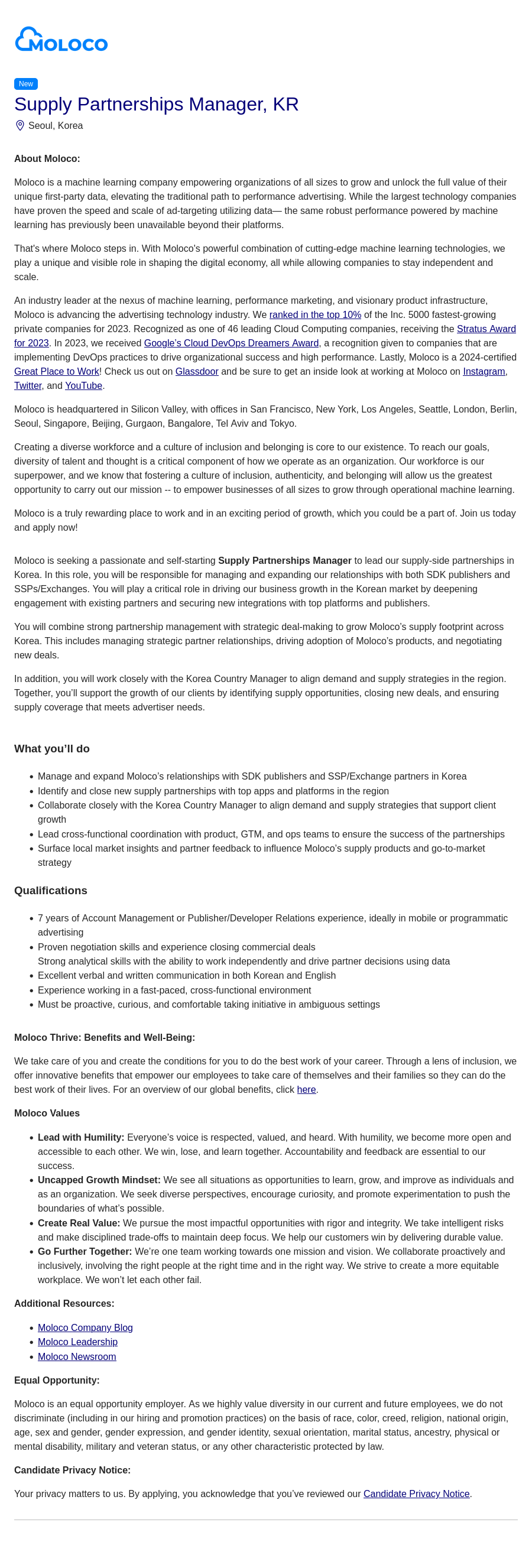 몰로코 Supply Partnerships Manager, KR 채용공고