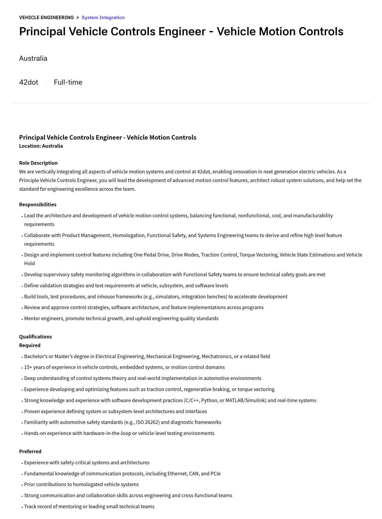 42dot Principal Vehicle Controls Engineer - Vehicle Motion Controls 채용공고