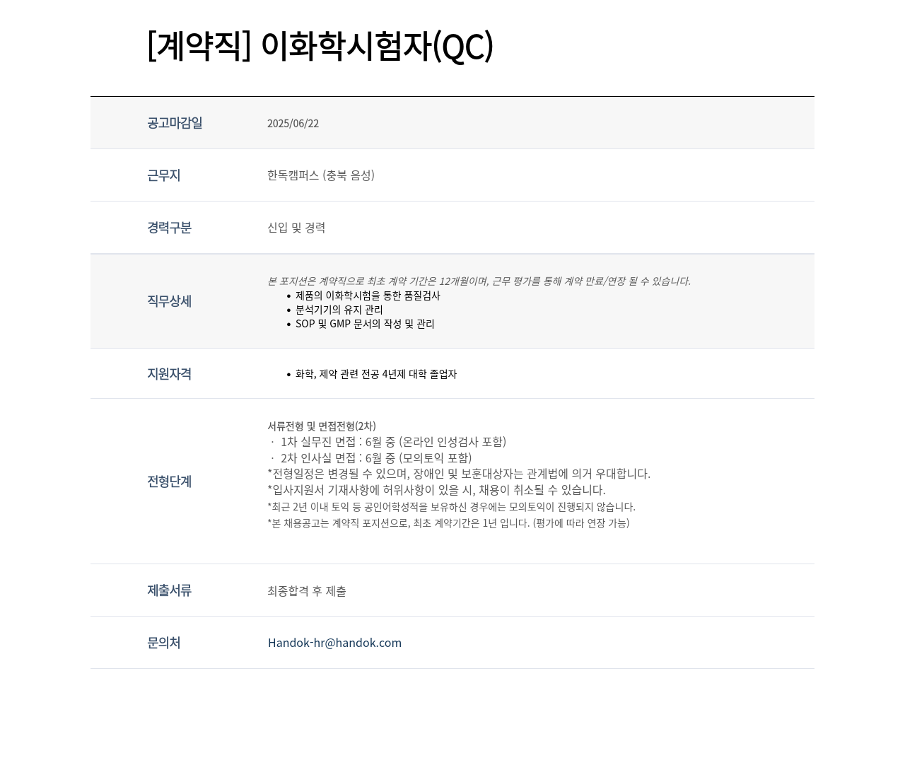 한독 [계약직] 이화학 시험자 (QC) 채용공고