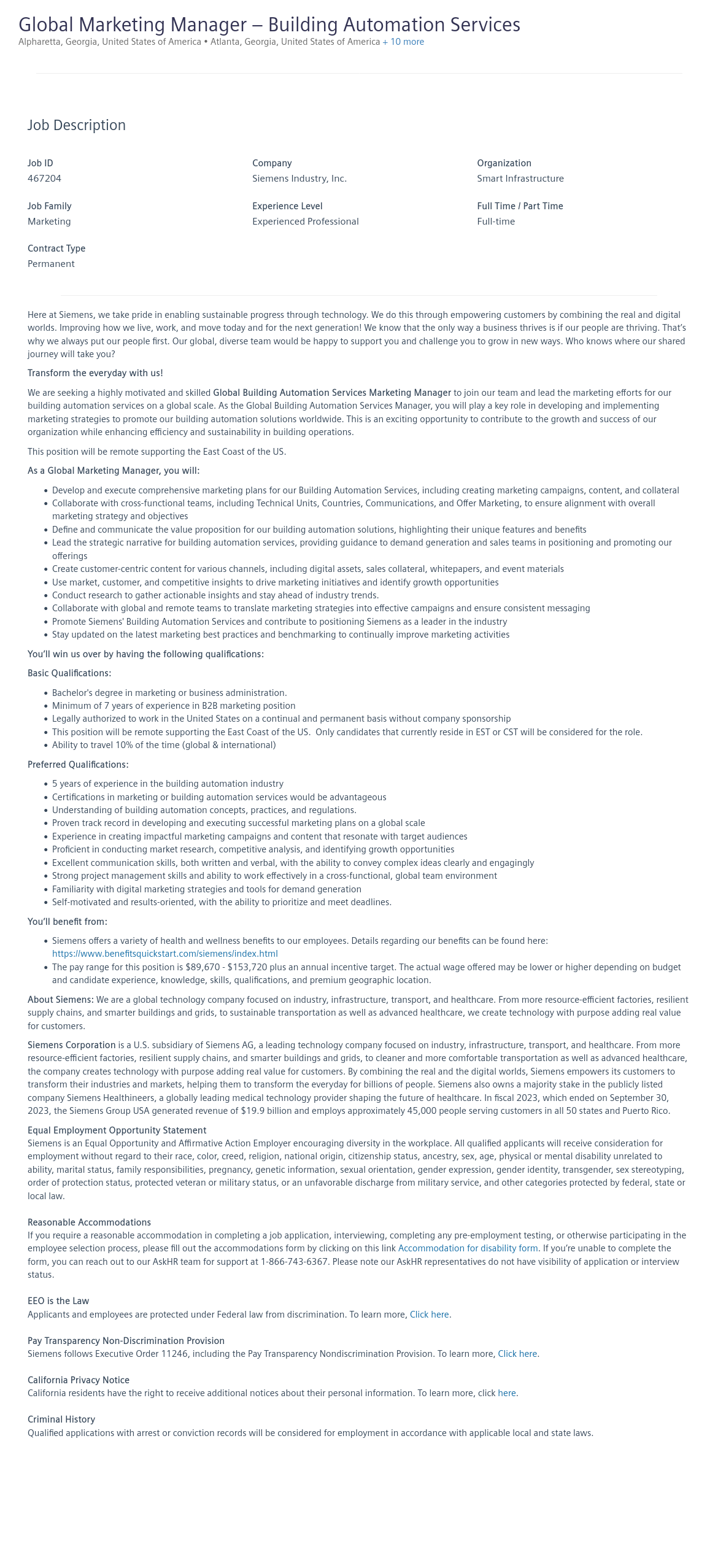 지멘스 Manager - Building Automation Services (Global Marketing) 채용공고