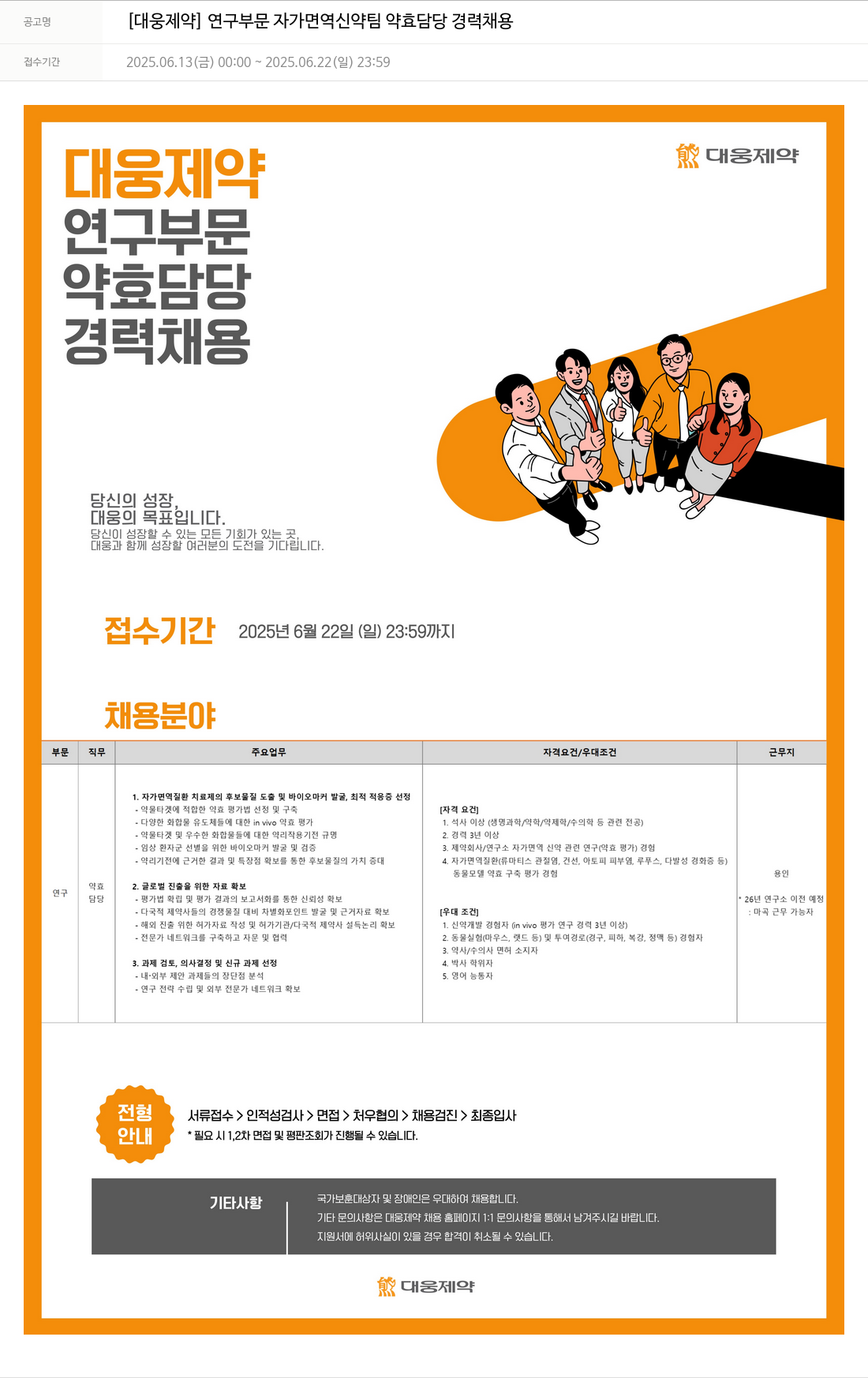 대웅제약 [대웅제약] 연구 부문 자가면역 신약팀 약효 담당 경력 채용 채용공고