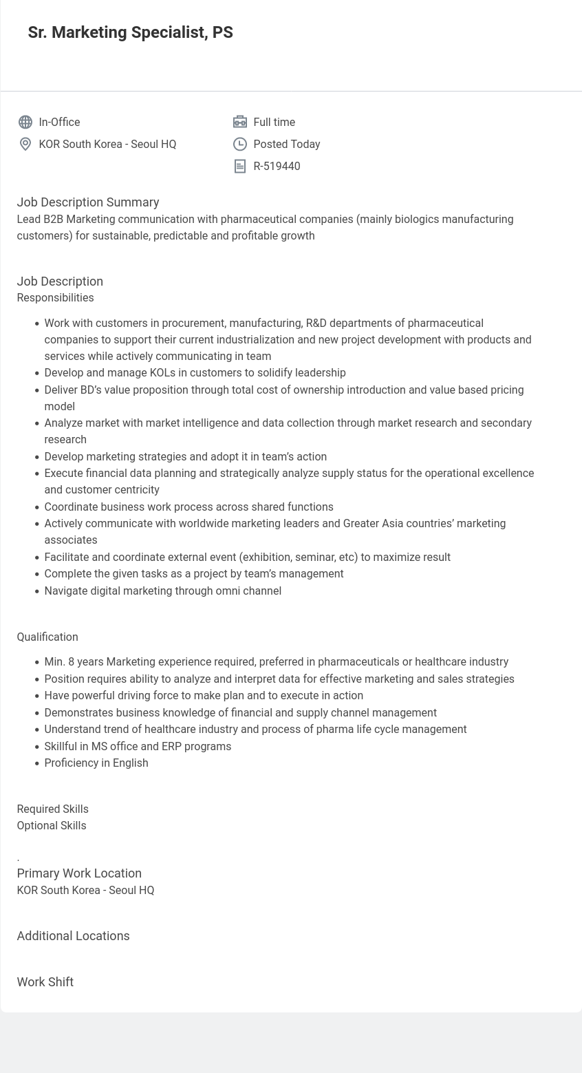 벡톤디킨슨코리아 Sr. Marketing Specialist, PS 채용공고