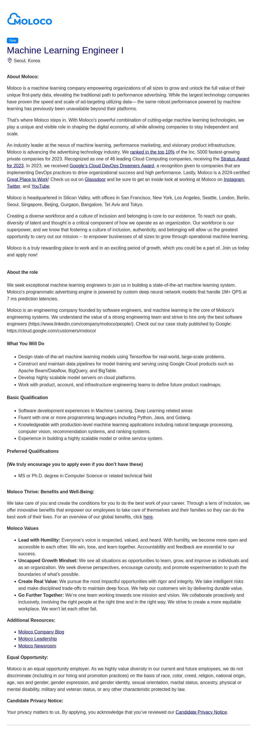 몰로코 Machine Learning Engineer I 채용공고