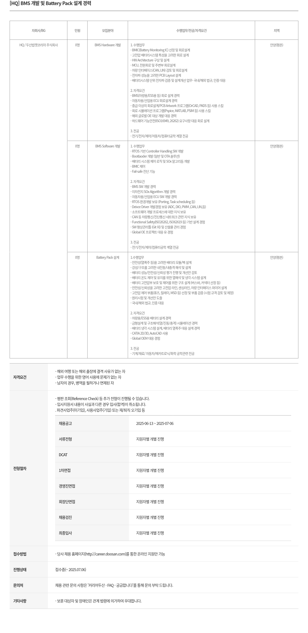 두산밥캣 [HQ] BMS 개발 및 Battery Pack 설계 경력 채용공고