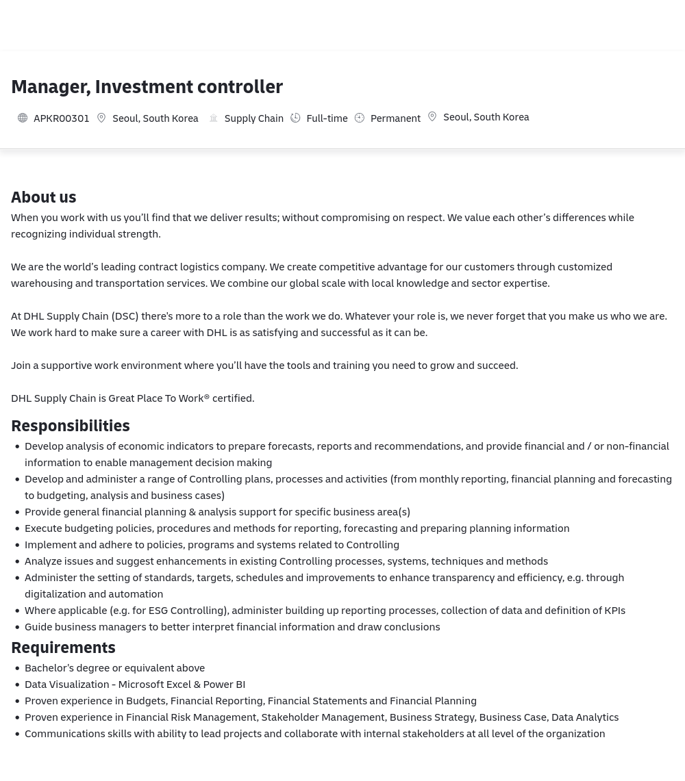 DHL Manager, Investment Controller 채용공고