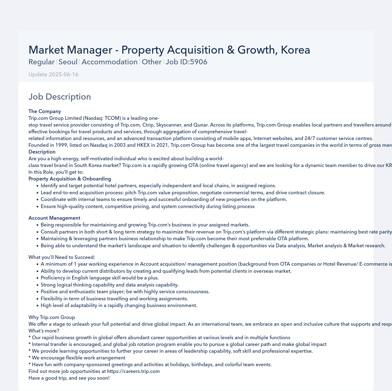 트립닷컴 Market Manager - Property Acquisition & Growth, Korea 채용공고