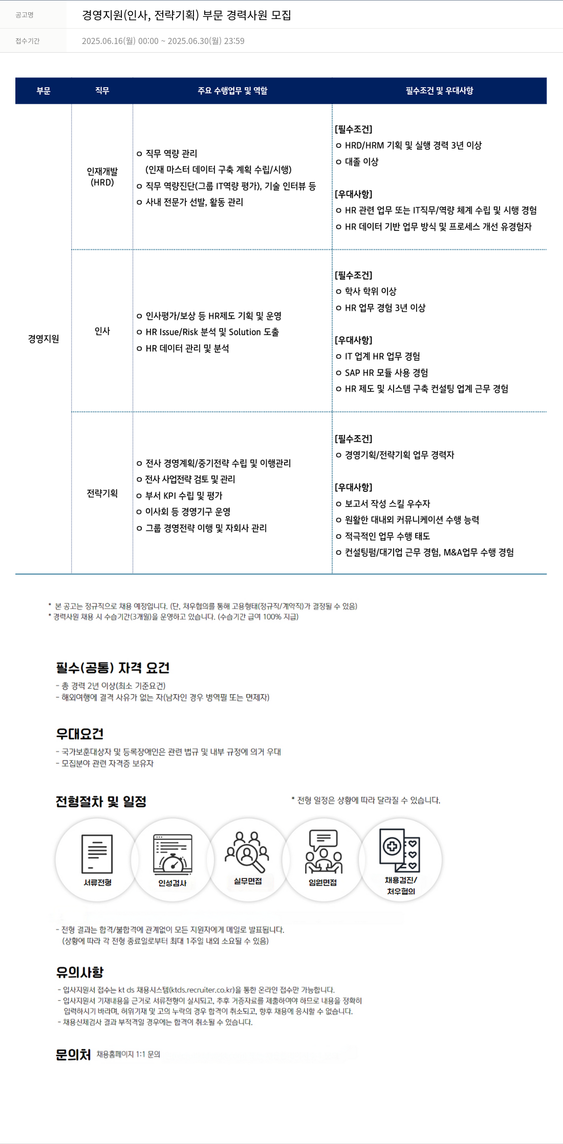 KTds 경영 지원 (인사, 전략 기획) 부문 경력 사원 모집 채용공고
