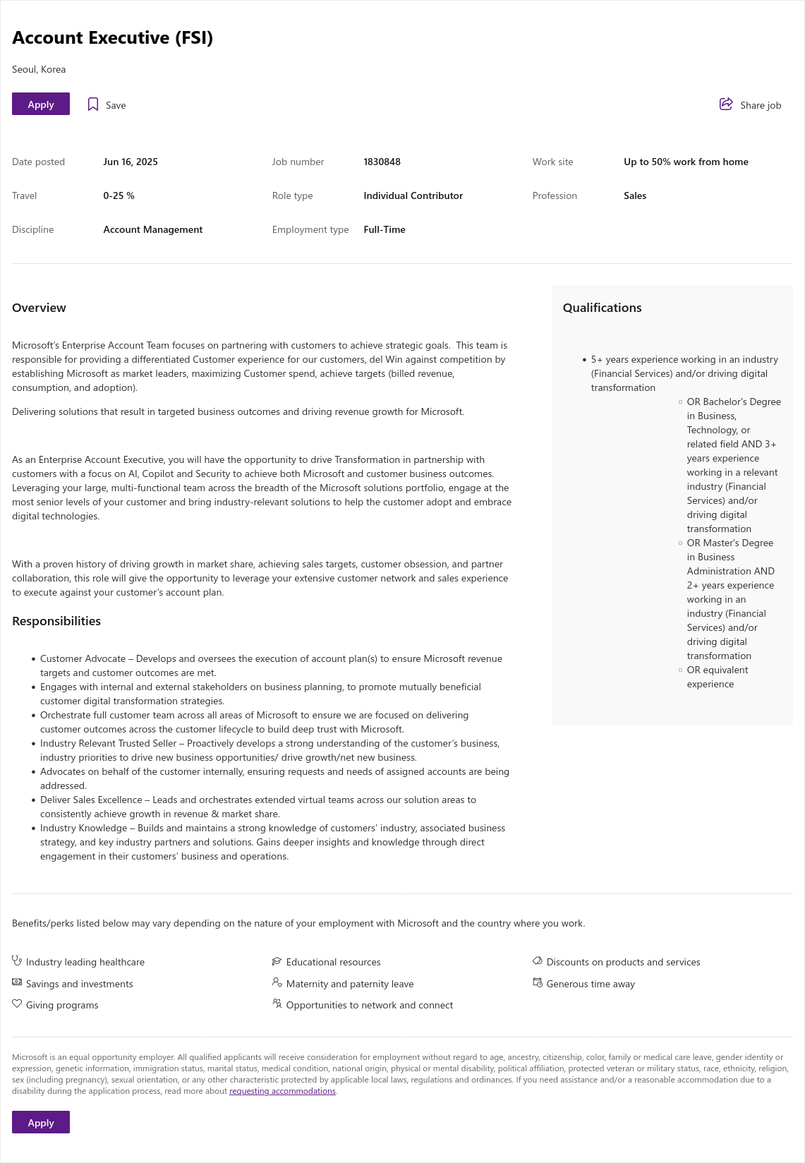 마이크로소프트(Microsoft) Account Executive (FSI) 채용공고