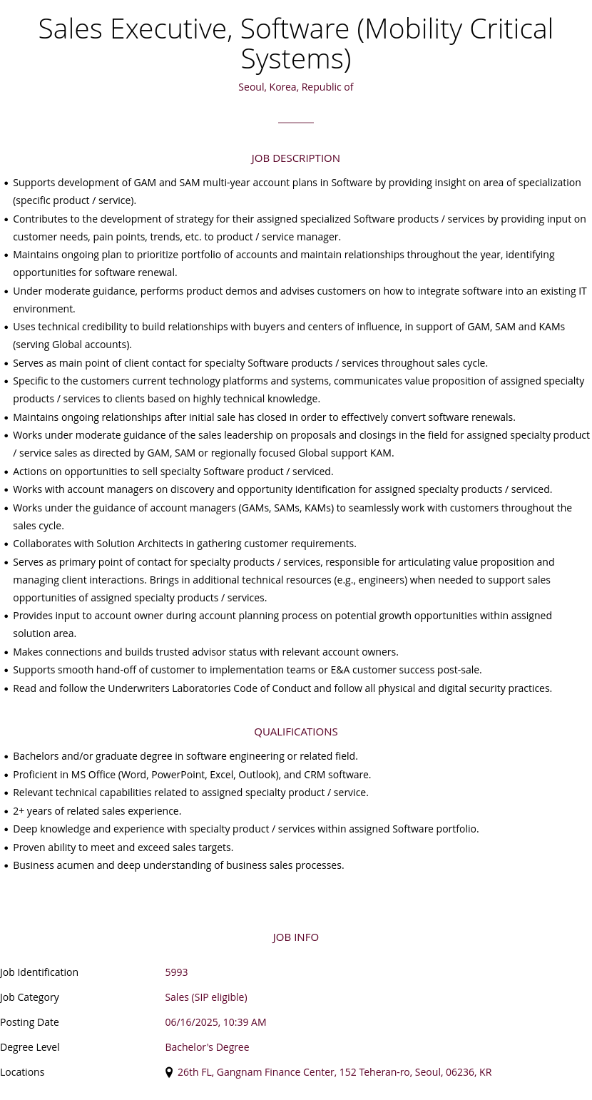 UL Solutions Sales Executive, Software (Mobility Critical Systems) 채용공고