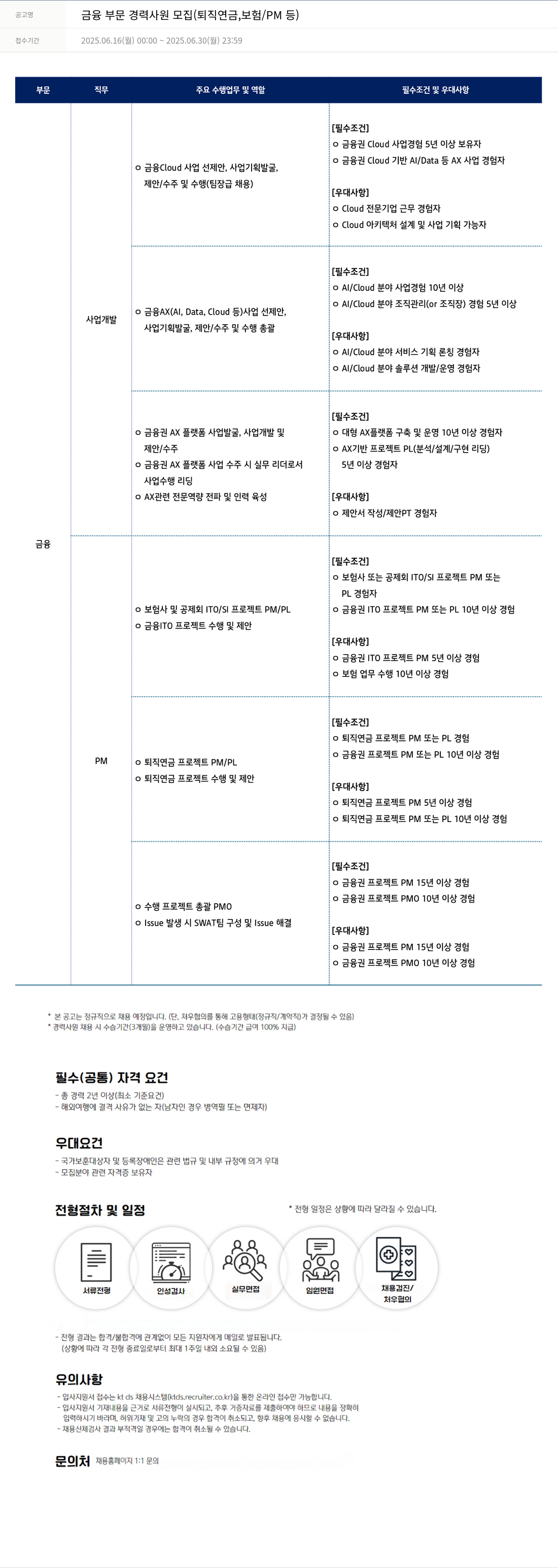 KTds 금융 부문 경력 사원 모집 (퇴직 연금, 보험 / PM 등) 채용공고