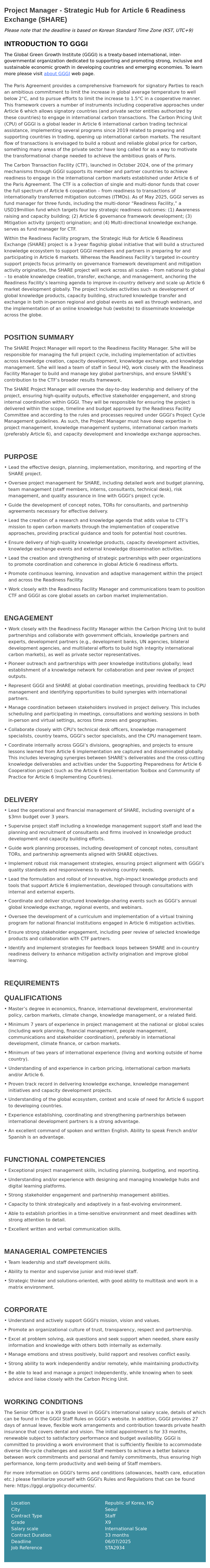 글로벌녹색성장기구 Hub for Article 6 Readiness Project Manager - Strategic Exchange (SHARE) 채용공고