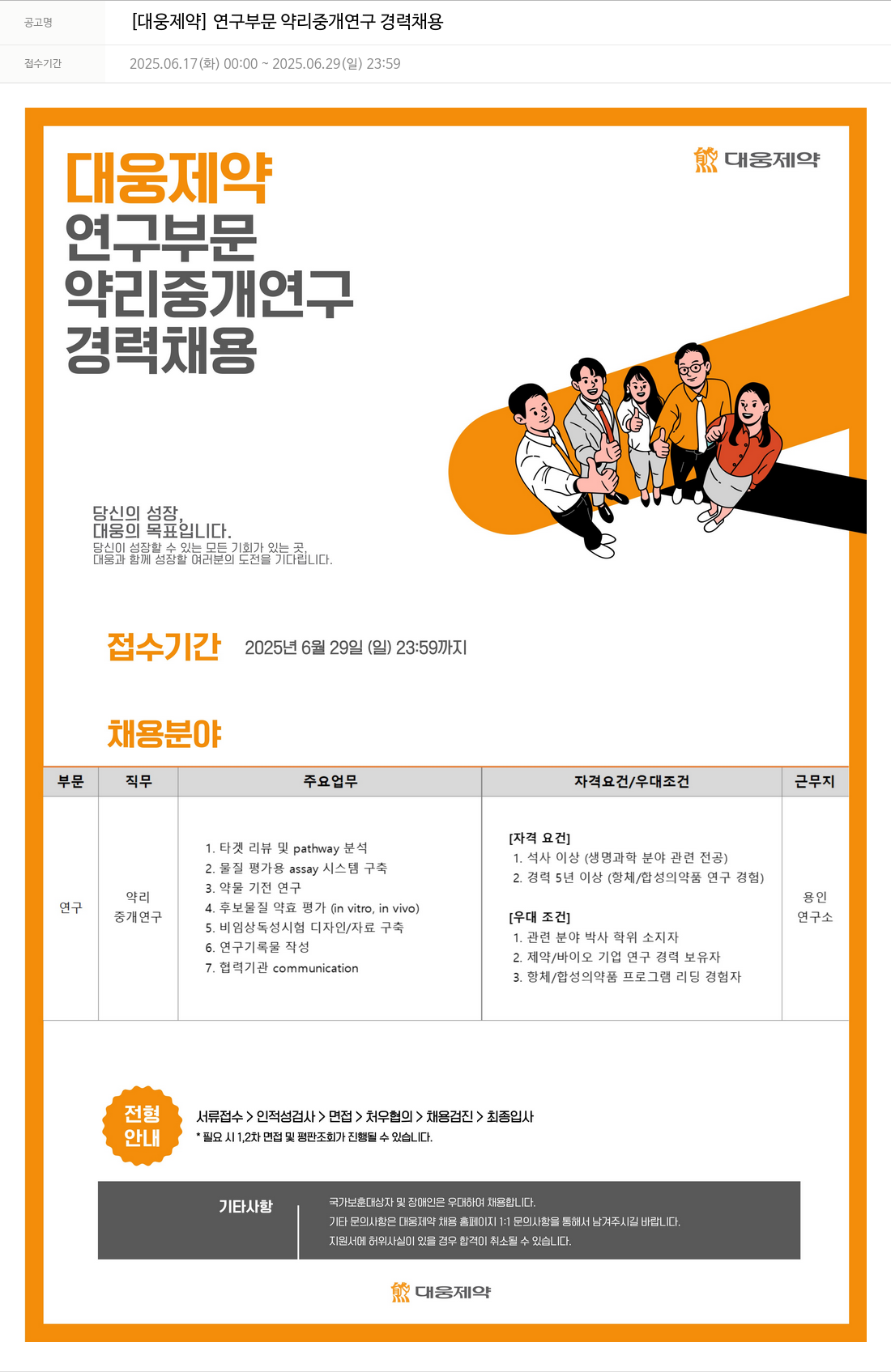 대웅제약 [대웅제약] 연구 부문 약리 중개 연구 경력 채용 채용공고