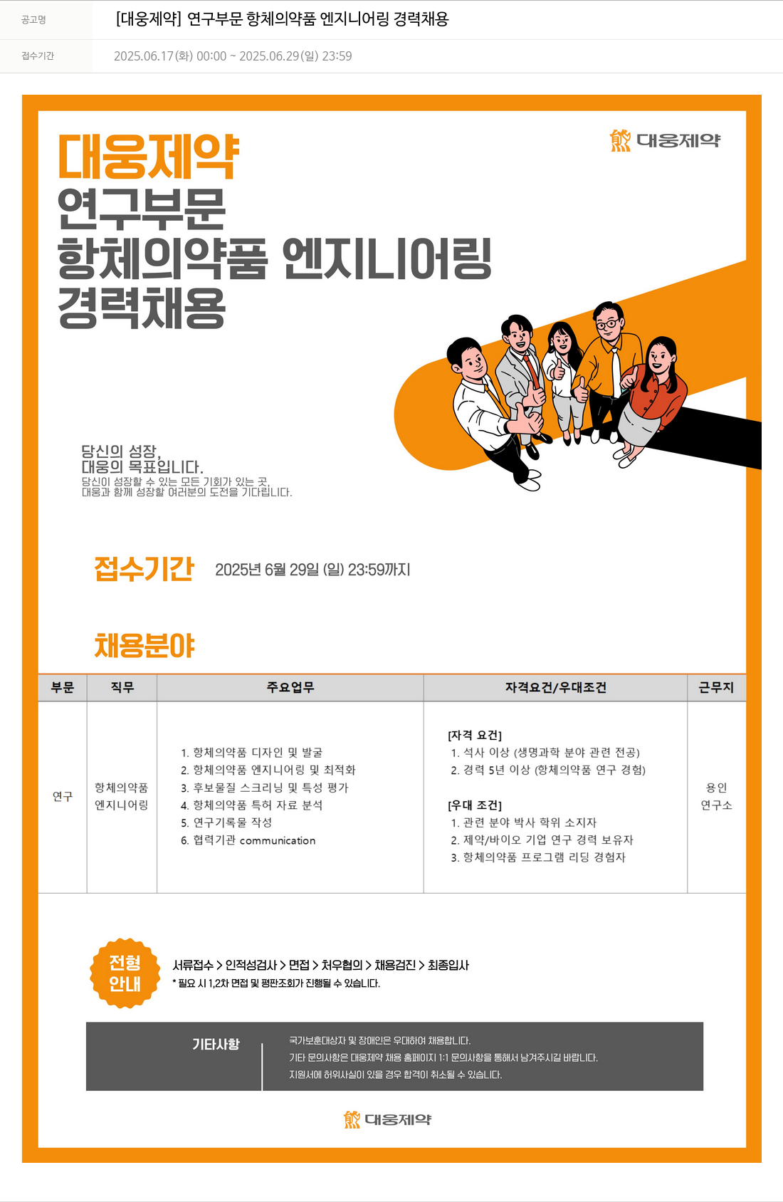 대웅제약 [대웅제약] 연구 부문 항체 의약품 엔지니어링 경력 채용 채용공고
