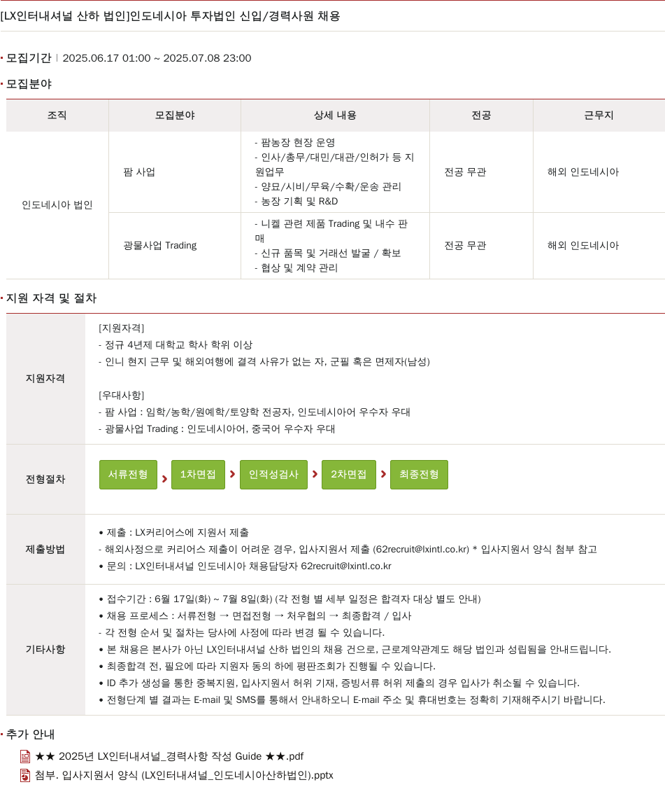 LX인터내셔널 인도네시아 투자 법인 신입 / 경력 사원 채용 채용공고