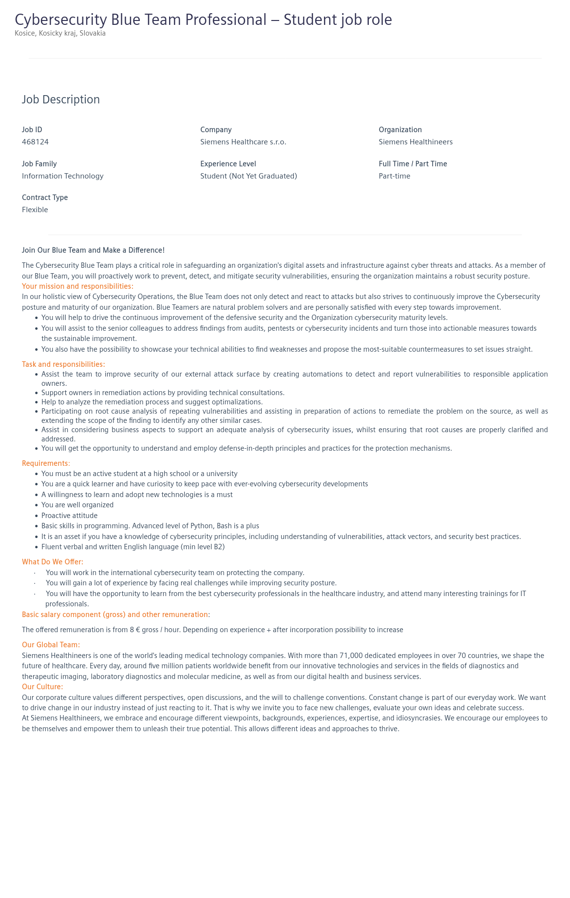 지멘스 Cybersecurity Blue Team Professional – Student job role 채용공고