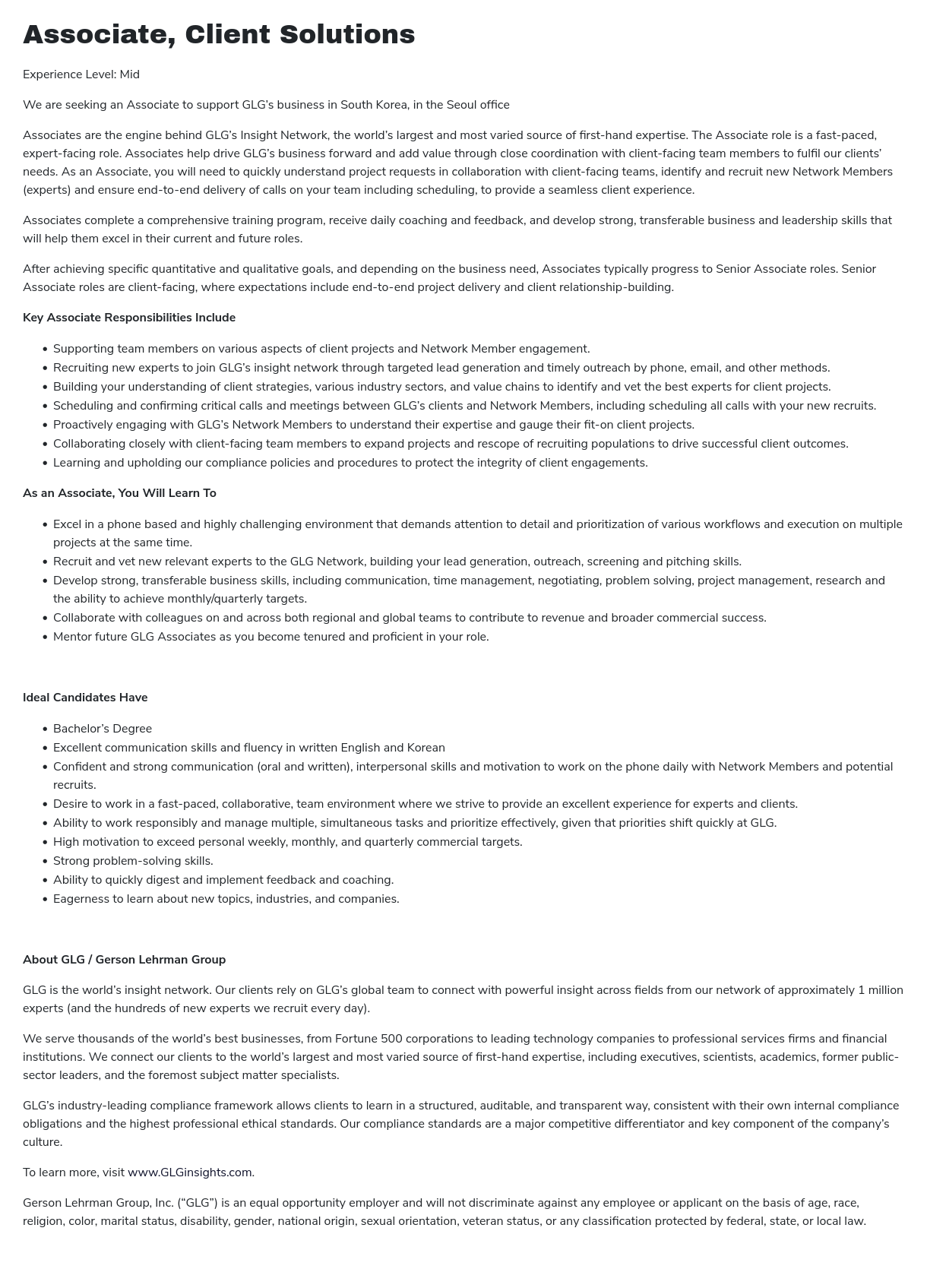 GLG Associate, Client Solutions 채용공고