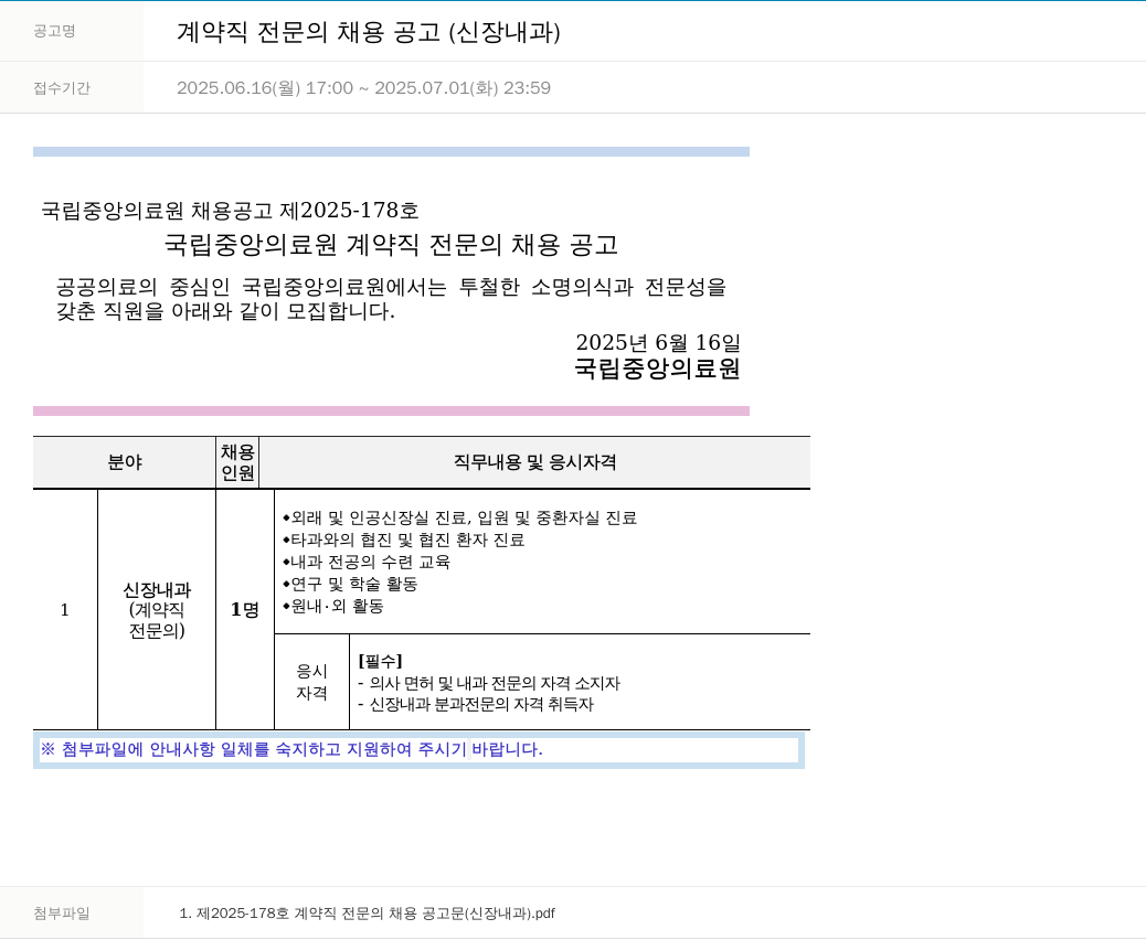 국립중앙의료원 계약직 전문의 채용 공고 (신장내과) 채용공고