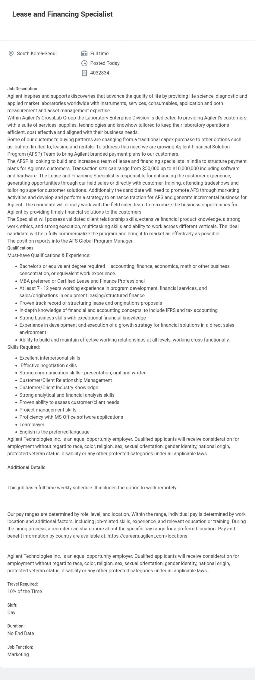 애질런트테크놀로지 Lease and Financing Specialist 채용공고