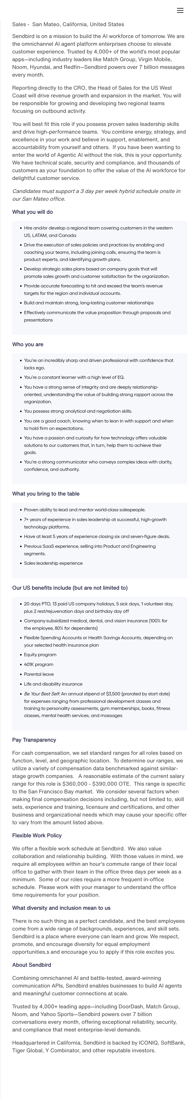 센드버드 Head of Sales, US West Coast 채용공고