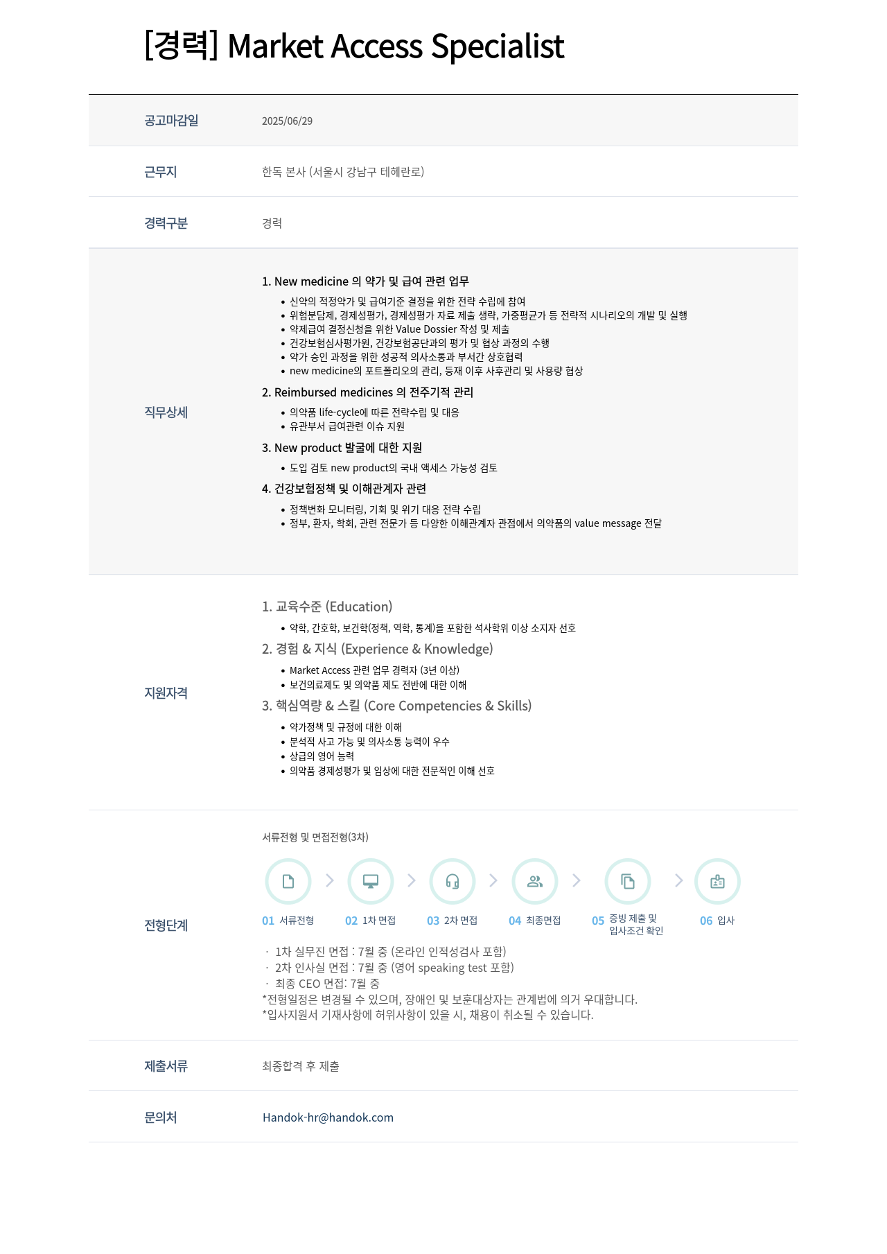한독 Market Access Specialist 경력 채용 채용공고