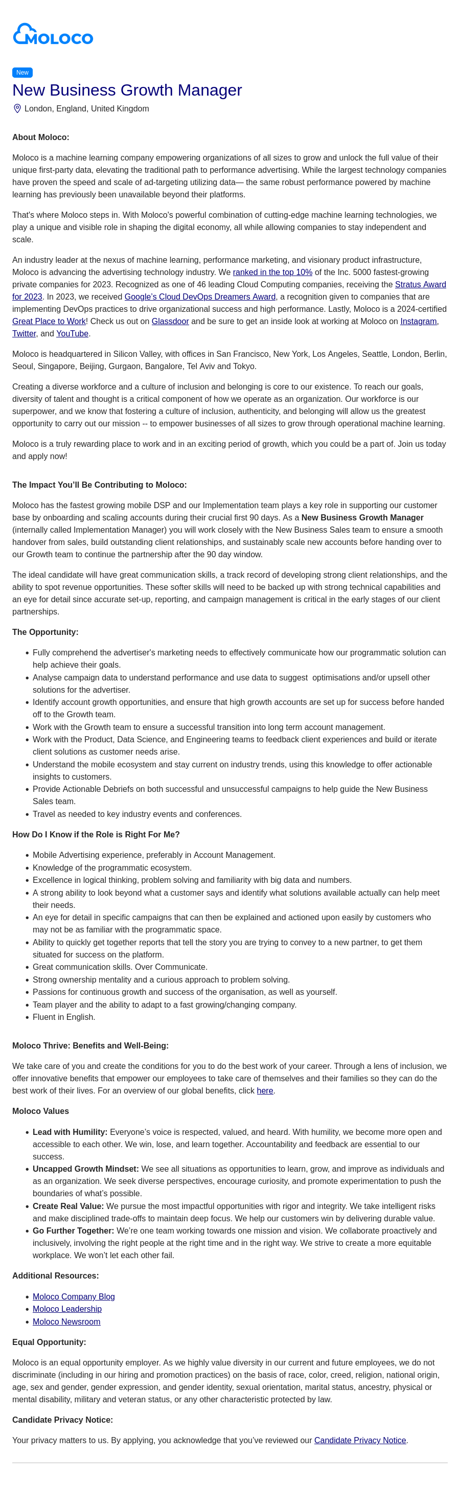 몰로코 New Business Growth Manager 채용공고