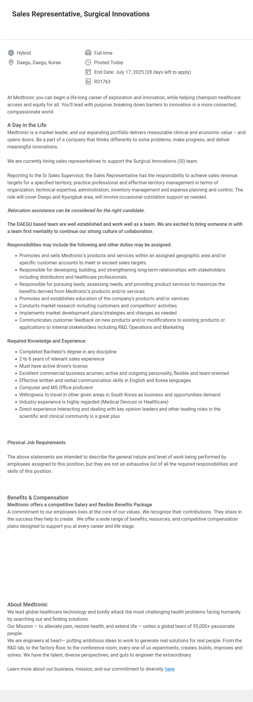 메드트로닉 Sales Representative, Surgical Innovations 채용공고
