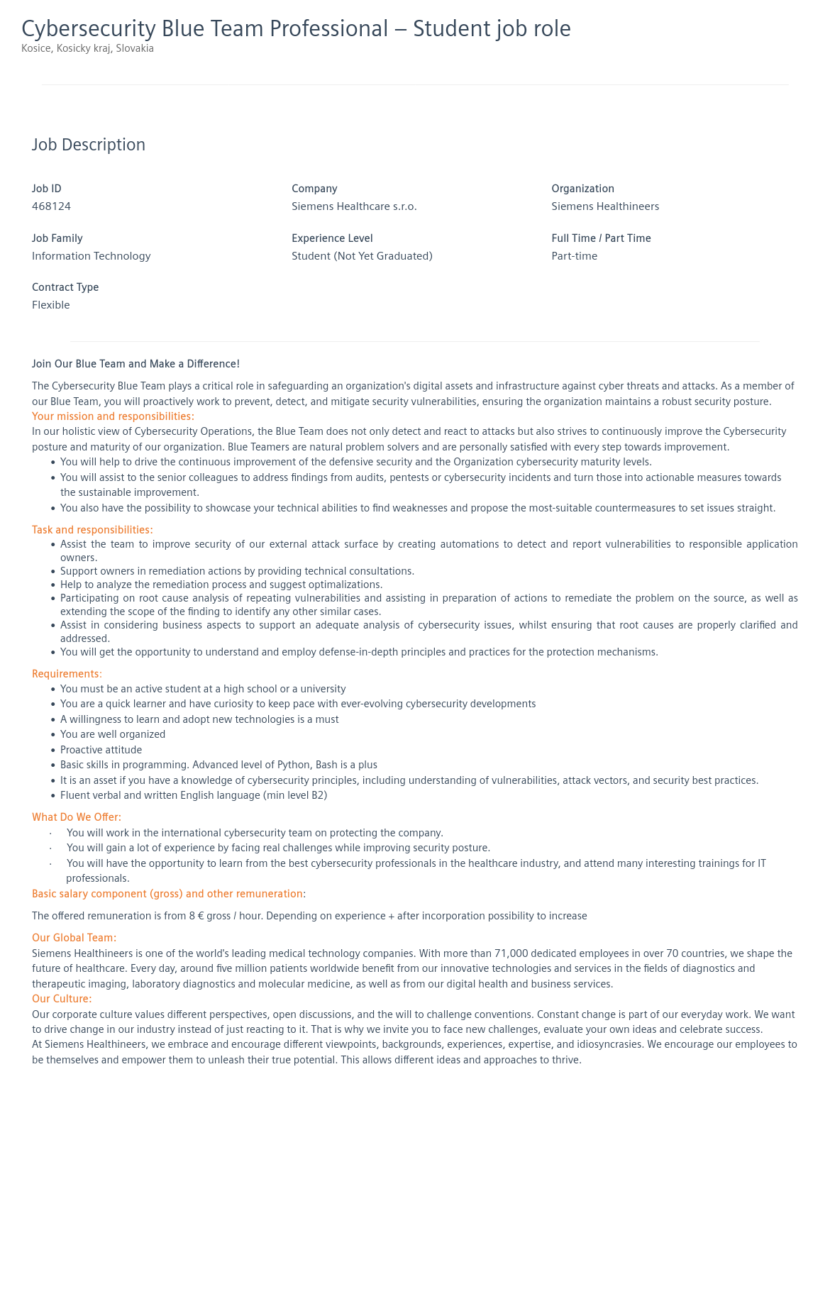 SiemensHealthineers Cybersecurity Blue Team Professional – Student job role 채용공고